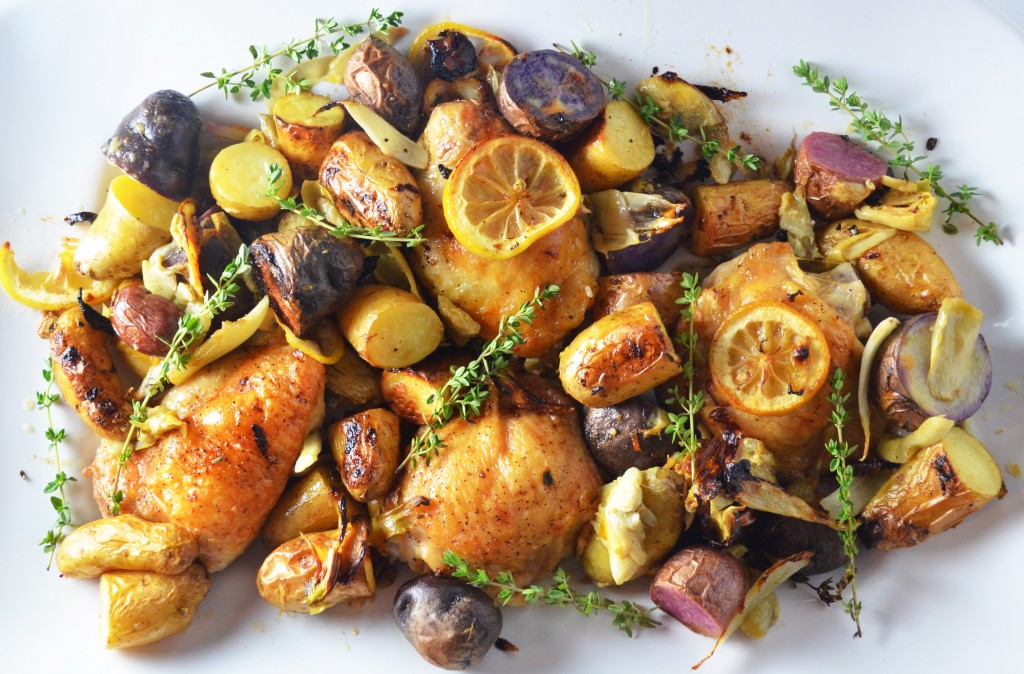 Lemon Roasted Chicken with Fennel Artichokes and Potatoes