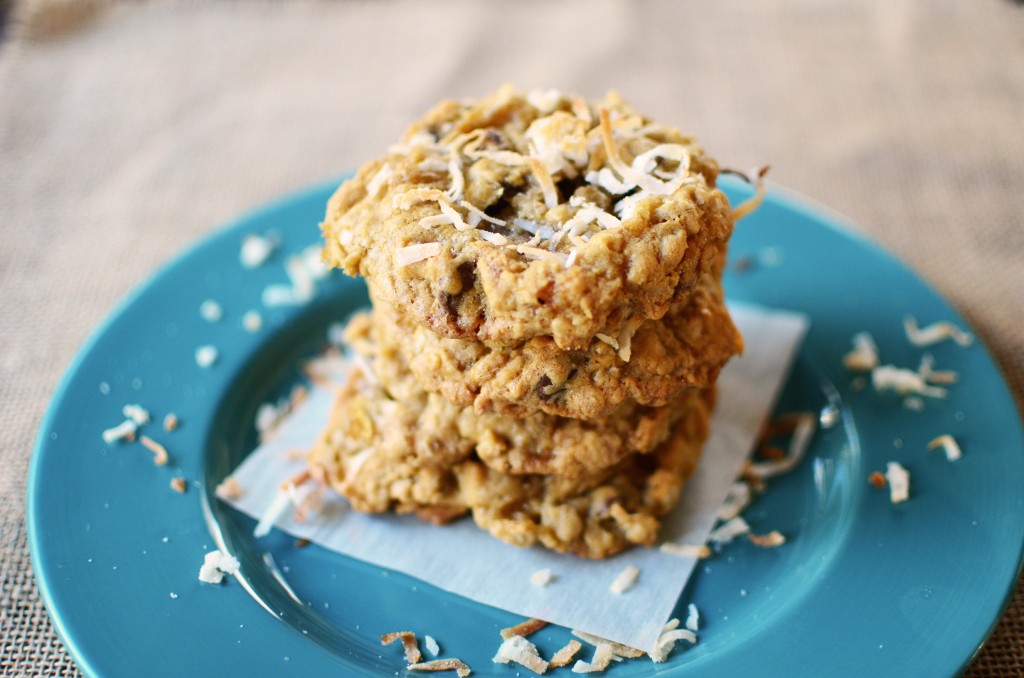 Toasted Coconut Oatmeal Chocolate Chip Cookies stack